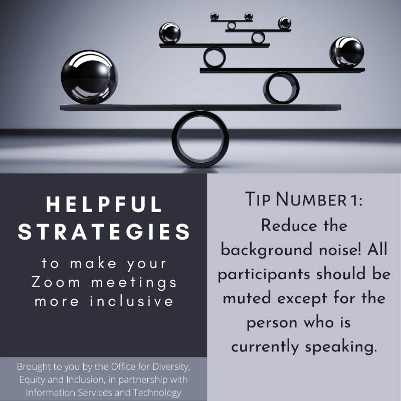 Grayscaled square with a picture and text boxes. At the top picture of a balancing object. Below is the following text: "Helpful strategies to make your Zoom meetings more inclusive. Brought to you by the Office for Diversity, Equity, and Inclusion, in partnership with Information Services and Technology. Tip Number 1: Reduce the background noise! All participants should be muted except for the person who is currently speaking."